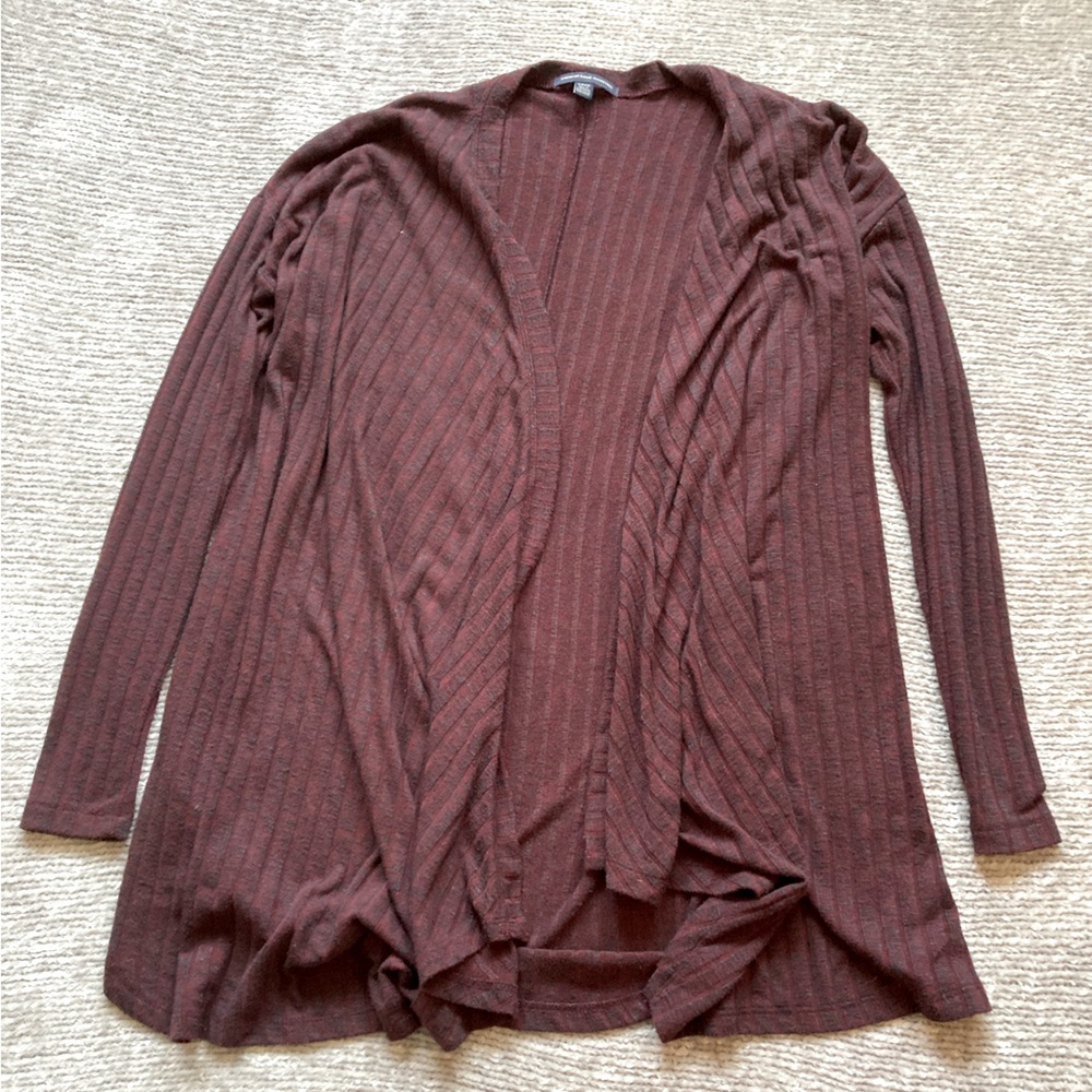 AEO Long‎ Ribbed Knit Duster Cardigan Maroon Purple Open Front Sweater S